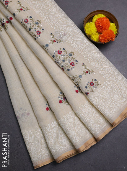 Off White & Grey Linen Saree - Embroidery