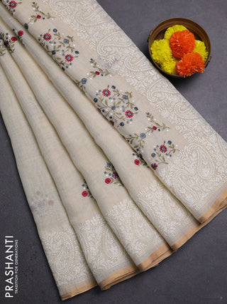 Off White & Grey Linen Saree - Embroidery