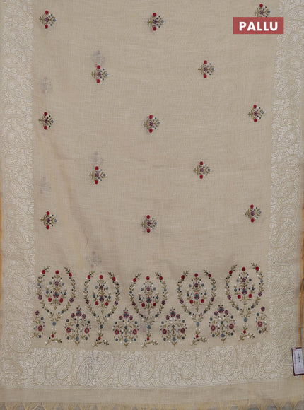 Off White & Grey Linen Saree - Embroidery
