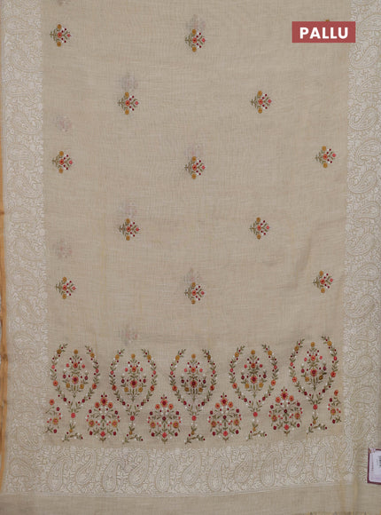Off White & Maroon Linen Saree - Embroidery