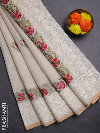 Off White & Mustard Yellow Linen Saree - Embroidery