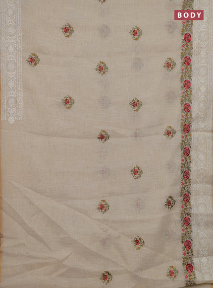 Off White & Mustard Yellow Linen Saree - Embroidery