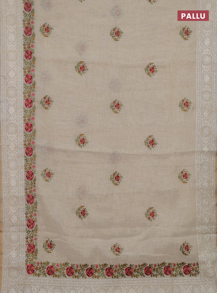 Off White & Mustard Yellow Linen Saree - Embroidery