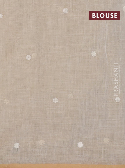 Off White & Mustard Yellow Linen Saree - Embroidery