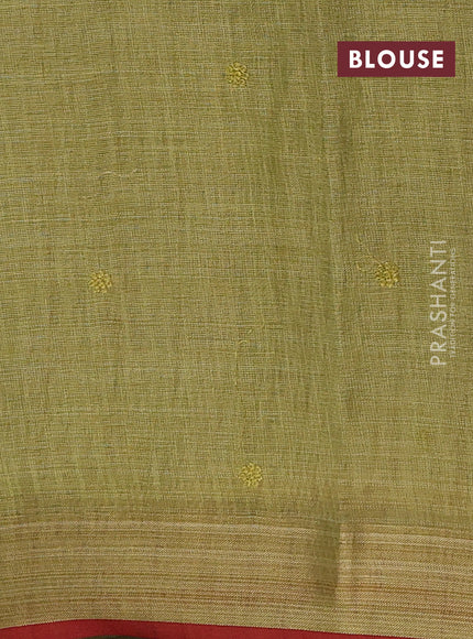 Green & Red Linen Saree - Embroidery