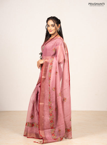 Mauve Pink & Red Linen Saree - Embroidery