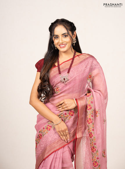 Mauve Pink & Red Linen Saree - Embroidery