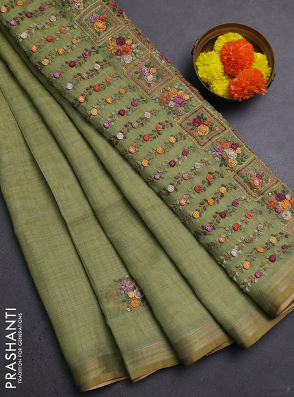 Green Linen Saree - Embroidery