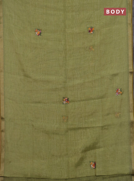 Green Linen Saree - Embroidery