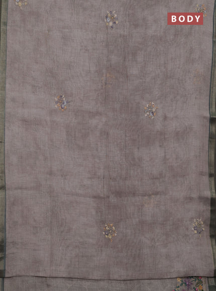 Grey & Olive Green Linen Saree - Embroidery