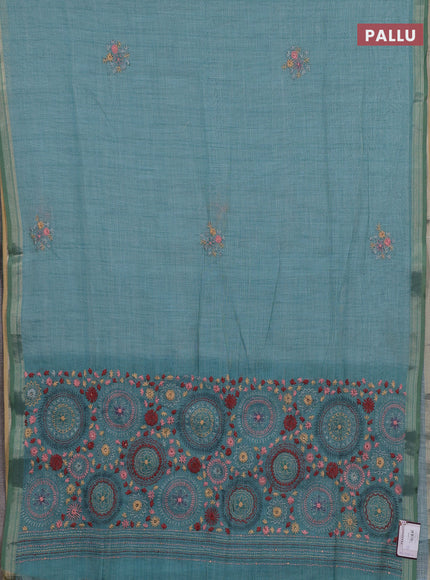 Teal Blue & 2 Linen Saree - Embroidery