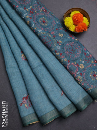 Teal Blue & 1 Linen Saree - Embroidery