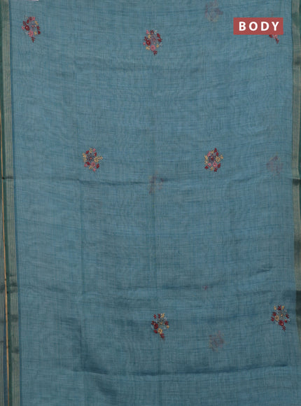 Teal Blue & 1 Linen Saree - Embroidery