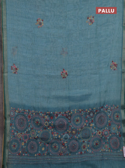 Teal Blue & 1 Linen Saree - Embroidery