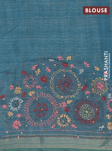 Teal Blue & 1 Linen Saree - Embroidery