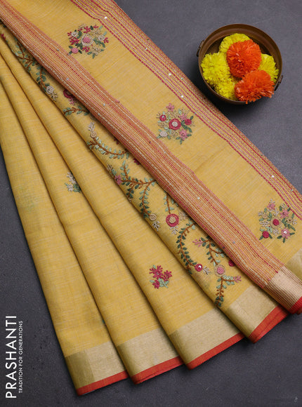 Mustard Yellow Linen Saree - Embroidery