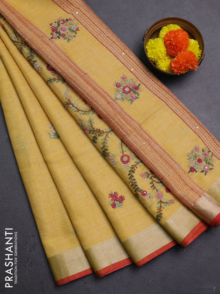 Mustard Yellow Linen Saree - Embroidery