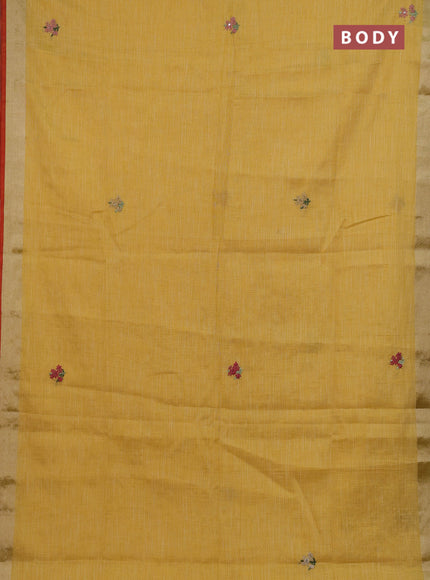 Mustard Yellow Linen Saree - Embroidery