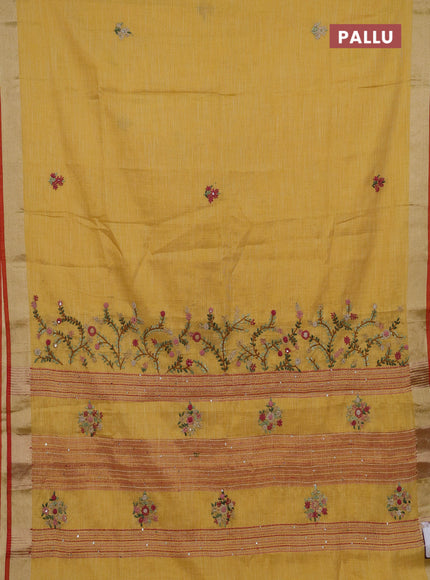 Mustard Yellow Linen Saree - Embroidery