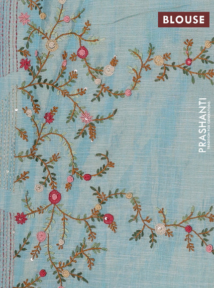 Teal Blue & Red Linen Saree - Embroidery