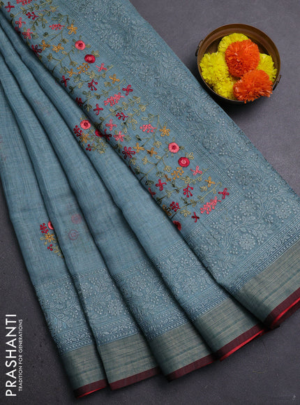 Teal Blue & Red Linen Saree - Embroidery