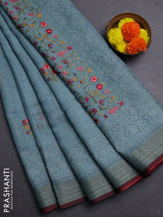 Teal Blue & Red Linen Saree - Embroidery