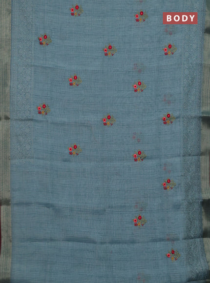 Teal Blue & Red Linen Saree - Embroidery