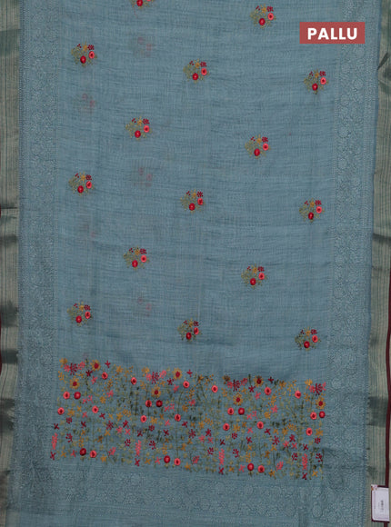 Teal Blue & Red Linen Saree - Embroidery