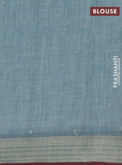 Teal Blue & Red Linen Saree - Embroidery