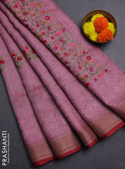 Mauve Pink & Red Linen Saree - Embroidery