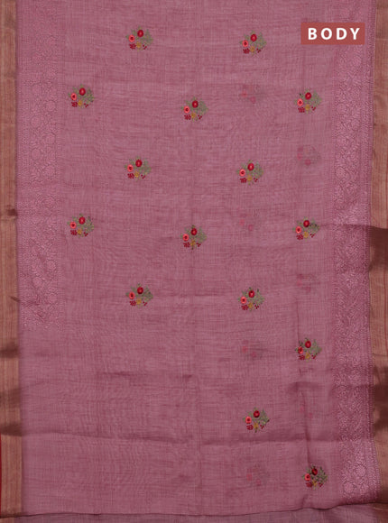 Mauve Pink & Red Linen Saree - Embroidery
