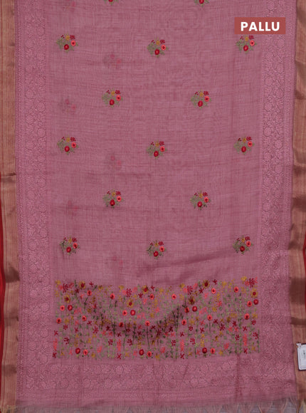 Mauve Pink & Red Linen Saree - Embroidery