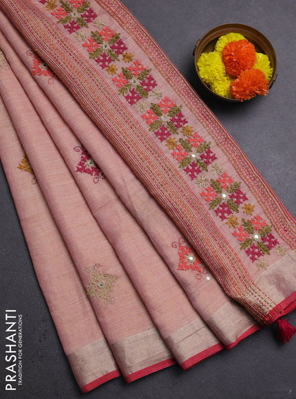 Peach & Red Linen Saree - Embroidery