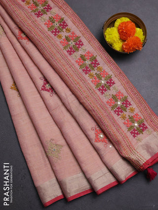 Peach & Red Linen Saree - Embroidery