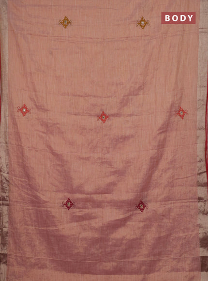 Peach & Red Linen Saree - Embroidery