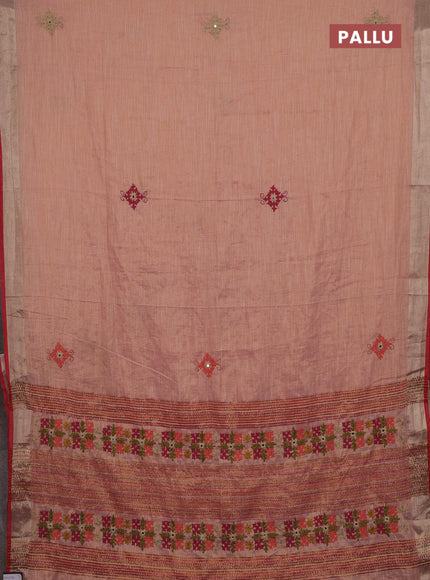 Peach & Red Linen Saree - Embroidery