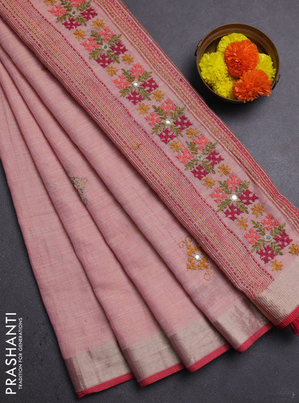 Peach & Red Linen Saree - Embroidery