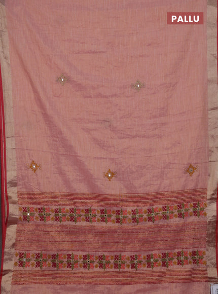 Peach & Red Linen Saree - Embroidery