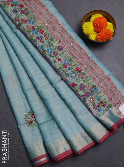 Teal Blue & Red Linen Saree - Embroidery