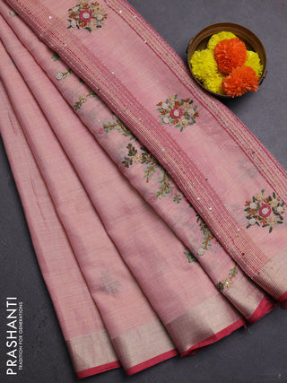 Peach & Red Linen Saree - Embroidery
