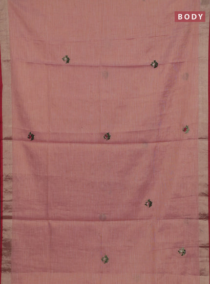 Peach & Red Linen Saree - Embroidery