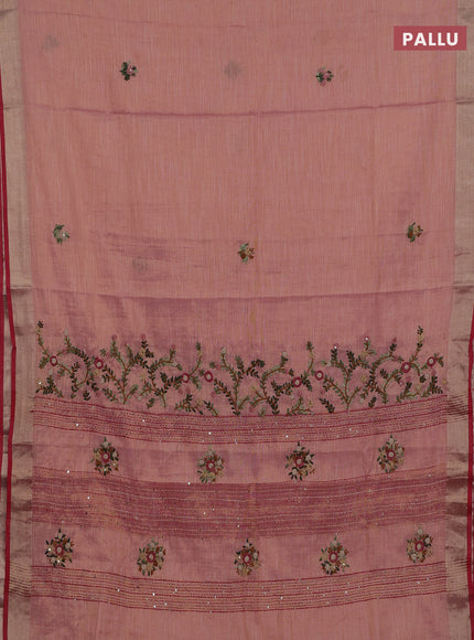 Peach & Red Linen Saree - Embroidery