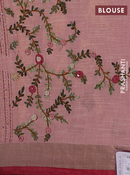 Peach & Red Linen Saree - Embroidery