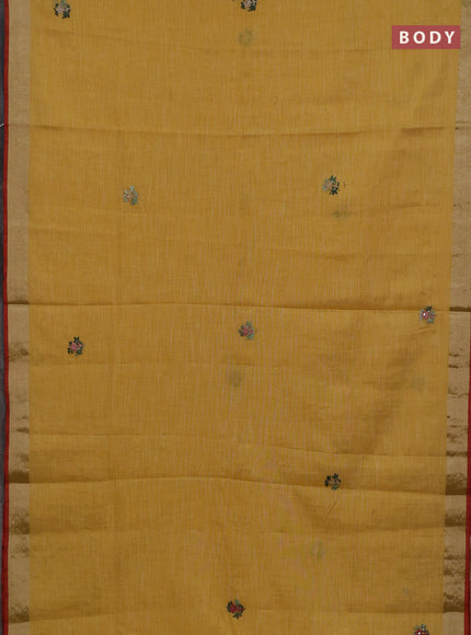 Mustard Yellow & Red Linen Saree - Embroidery