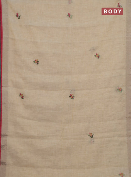 Off White & Red Linen Saree - Embroidery