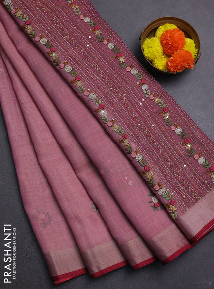 Pastel Pink & Red Linen Saree - Embroidery