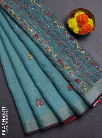 Teal Blue & Red Linen Saree - Embroidery
