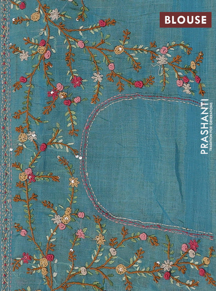Teal Blue & Red Linen Saree - Embroidery
