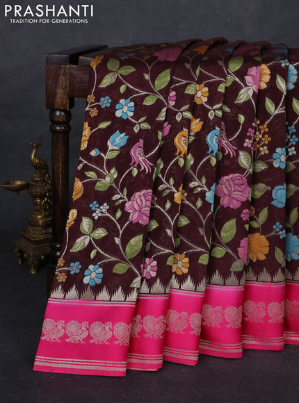 Coffee Brown & Pink Kosa Jamdani Silk Saree