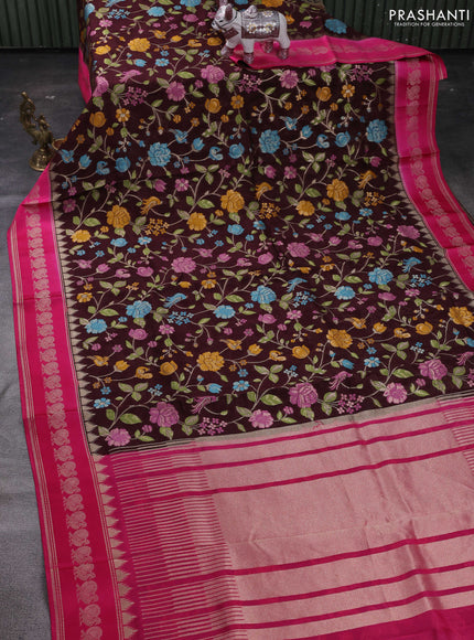 Coffee Brown & Pink Kosa Jamdani Silk Saree